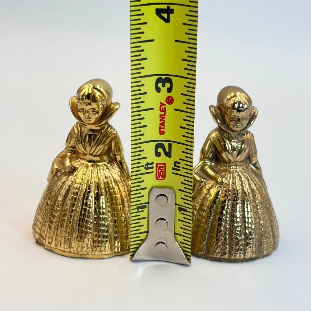 2 Vintage Brass Dutch Girl Dinner Table Hand Bell Figural Mantle Decor Regency